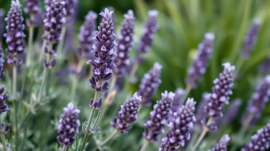 Close de lavanda em flor, com detalhes das pétalas e folhas.