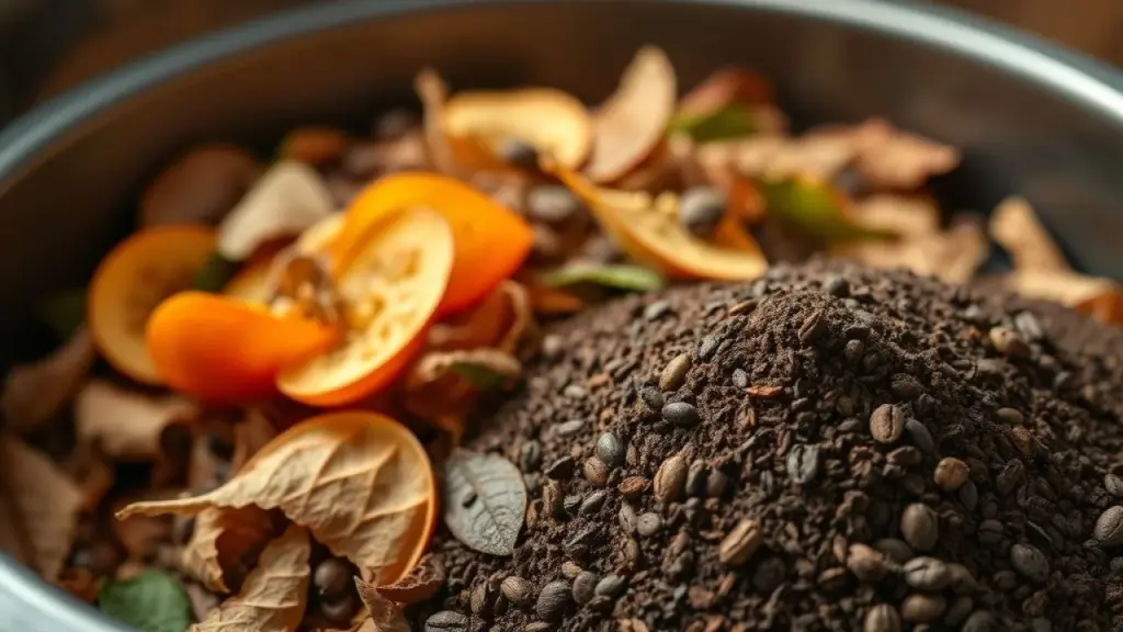 Resíduos orgânicos e folhas secas em composteira doméstica, ingredientes para compostagem.