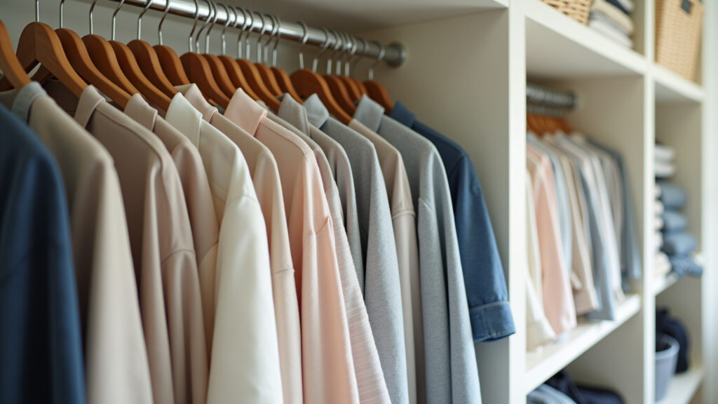 Closet with efficiently folded clothes, KonMari method, uniform look, bright, natural light, Maleiro com roupas dobradas eficientemente.