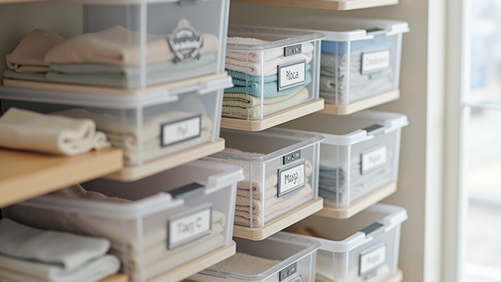 Closet with transparent organizing boxes, stacked vertically, labeled, bright, natural light, Maleiro organizado com caixas transparentes.