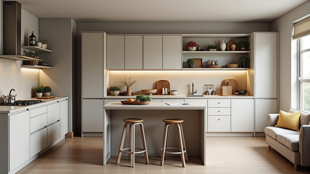 Coffee corner in kitchen, integrated decor, harmonious colors, neutral accessories, natural light, Cantinho do café integrado à cozinha com cores harmoniosas.