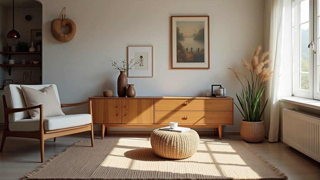 Coffee corner in living room, sideboard, cozy rug, inviting atmosphere, natural light, 8K quality, Cantinho do café na sala de estar com aparador e tapete aconchegante.