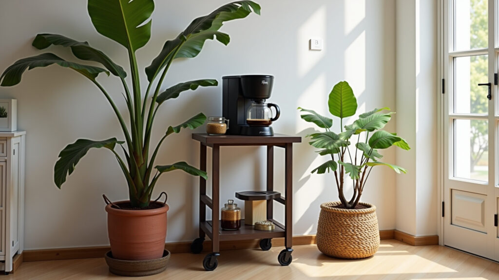 Coffee corner with bar cart, mobility, practicality, wheels, shelves, natural light, 8K quality, Cantinho do café com carrinho bar, mobilidade e praticidade.