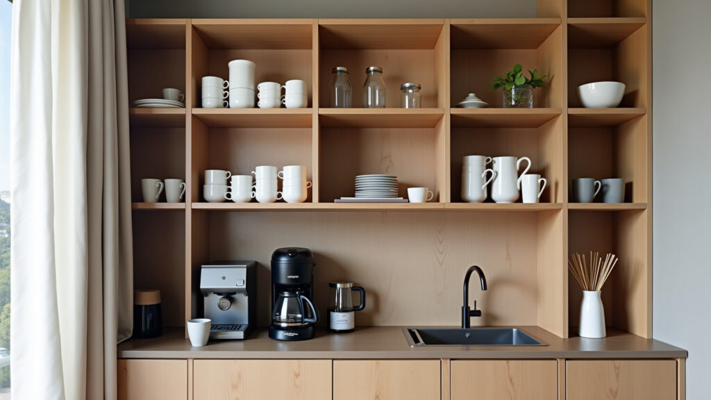 Coffee corner with niches, vertical organization, different sizes, cups, pots, coffee maker, Cantinho do café com nichos, organização vertical e itens à vista.