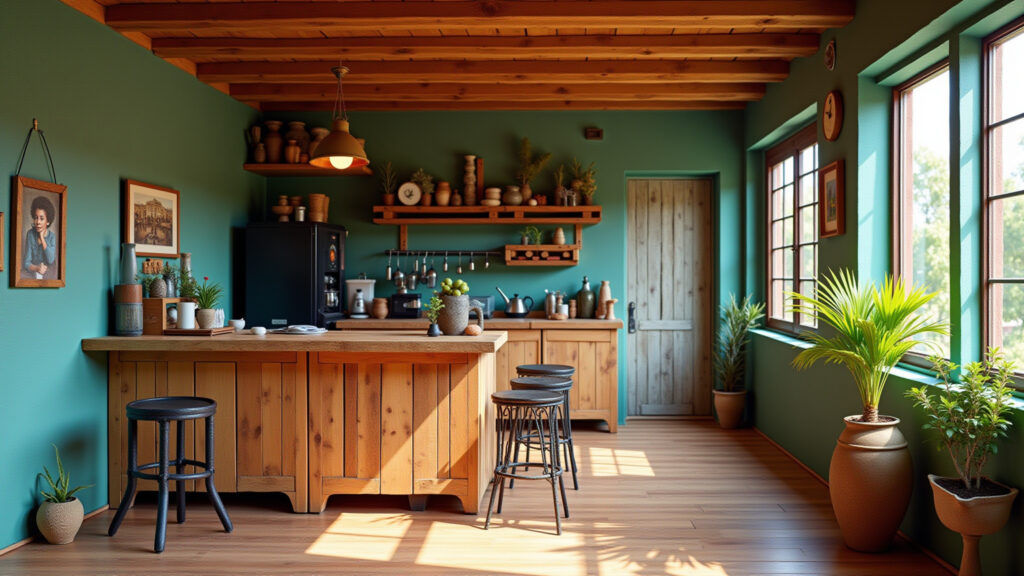 Coffee corner with pallets, sustainable design, vibrant colors, rustic touch, natural light, 8K Cantinho do café com pallets, design sustentável e cores vibrantes.