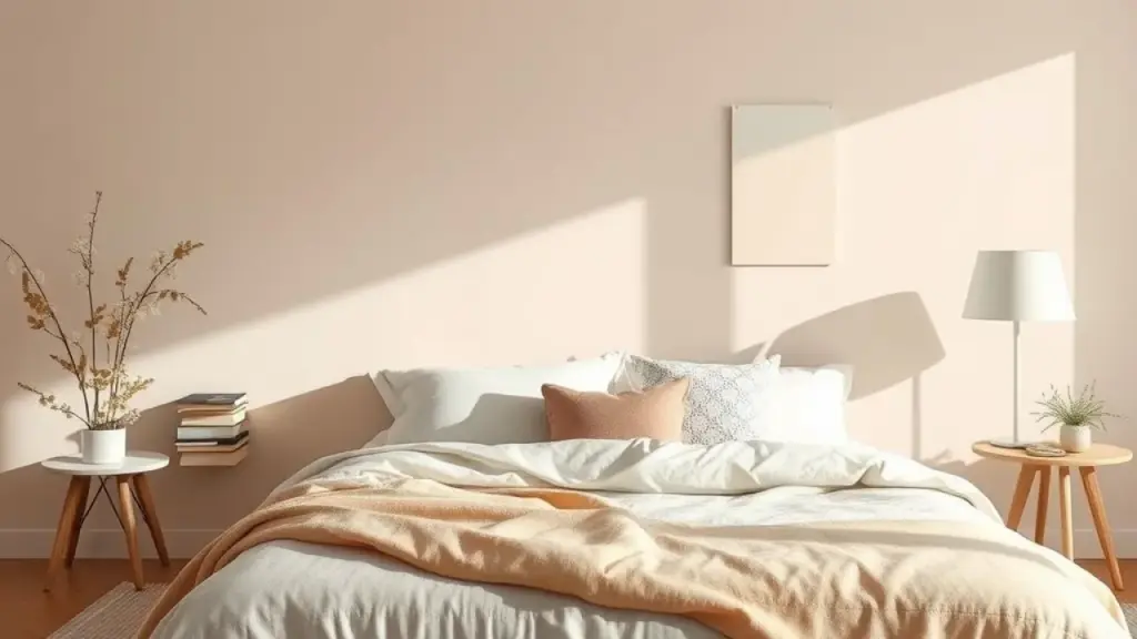 Paleta de cores para quarto com tons neutros, pastéis e amostras de tecidos.
