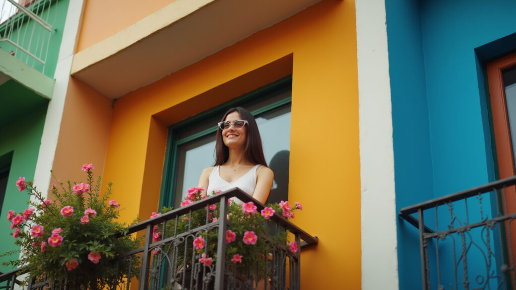 Colorful balcony, hanging petunias, natural light, Brazilian style, lifestyle photography, 8K Varanda vibrante com petúnias pendentes em diversas cores.