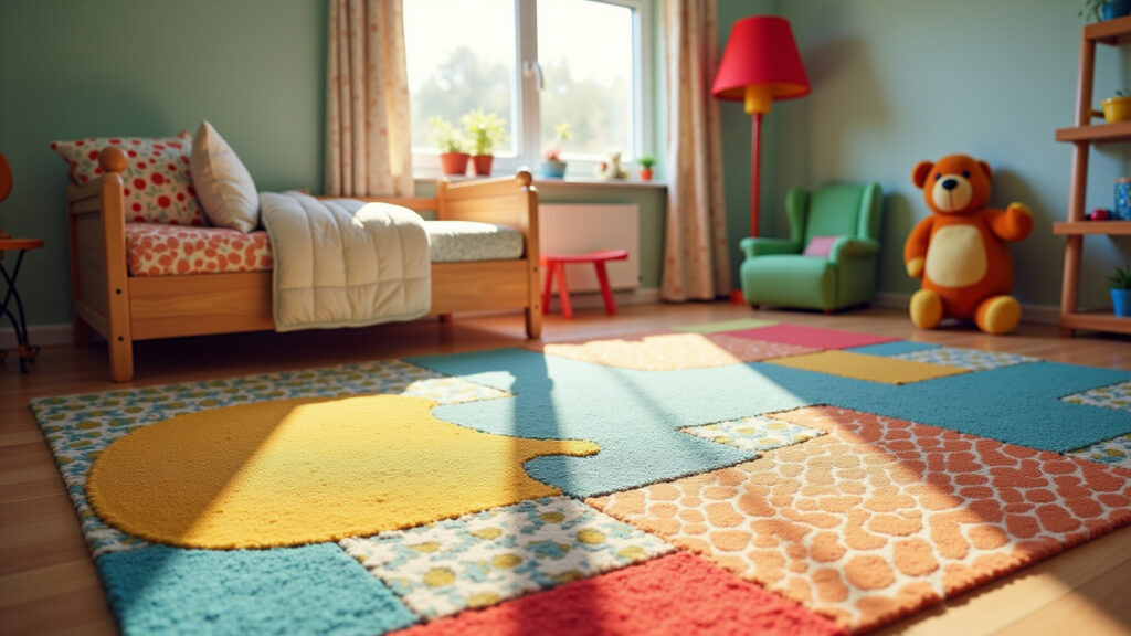 Colorful patchwork rug kids room. Joyful, natural light, Farm Rio style, playful patterns, Tapete de retalhos colorido para quarto infantil, alegria e diversão.
