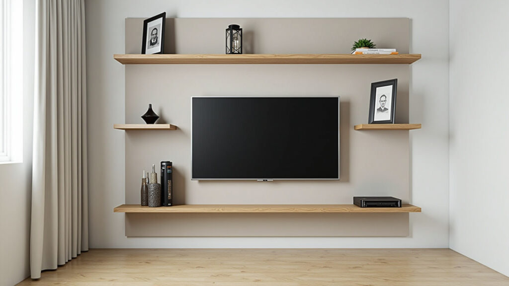 Sala compacta com rack e painel para TV integrado.