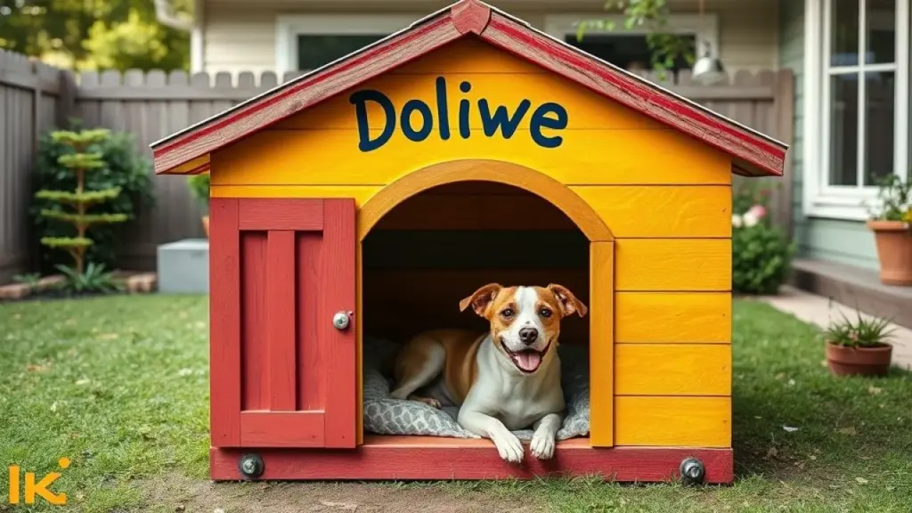 Casinha de cachorro personalizada com nome do pet, cores vibrantes e caminha aconchegante. Projeto DIY.