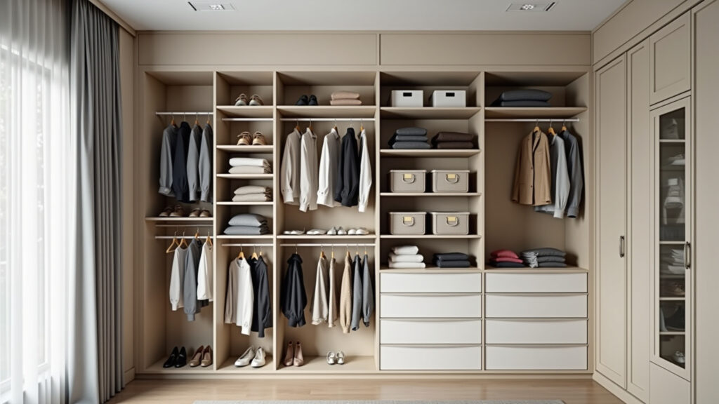 Couple's closet, divided space, individual organizers, harmonious, bright, natural light, Maleiro de casal organizado com divisão justa.