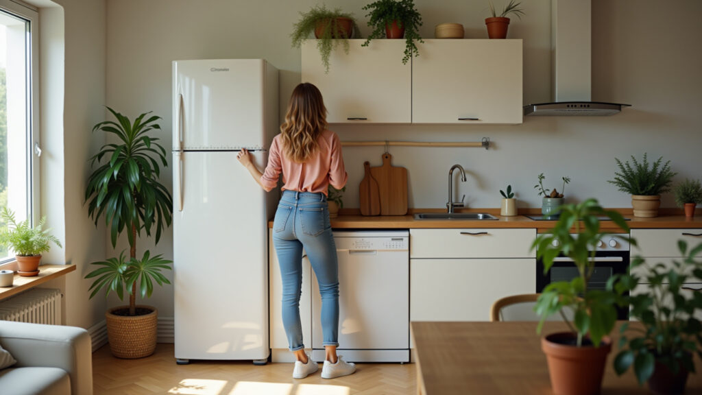 Cozy Brazilian kitchen. Woman measuring space for a new refrigerator. Natural light, plants, 8K, Mulher medindo espaço na cozinha para nova geladeira.