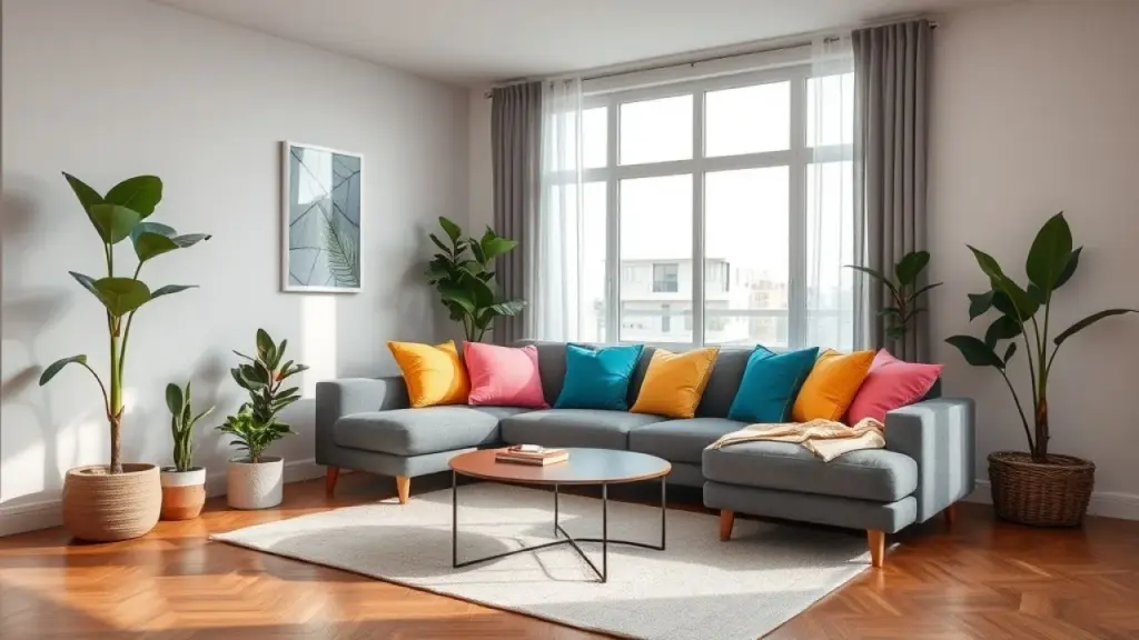 Sala de estar aconchegante com sofá cinza, almofadas coloridas e plantas.