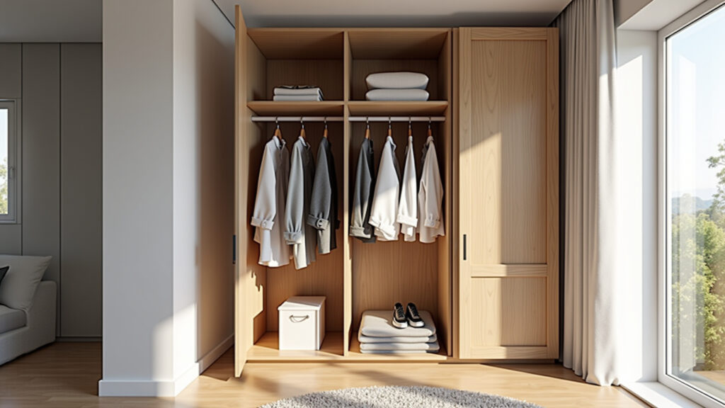 Cozy small closet organization, KonMari method, bright natural light, minimalist style, Brazilian Maleiro pequeno organizado com método KonMari.