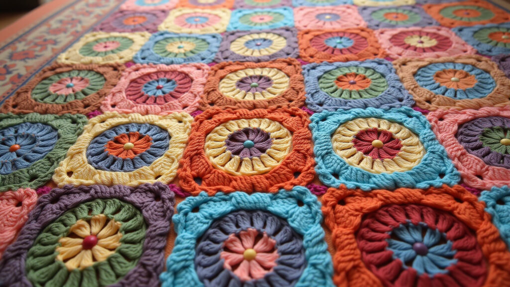 Crochet patchwork rug texture. Unique design, natural light, Farm Rio style, handmade, professional Tapete de retalhos de crochê, textura diferenciada e artesanal.