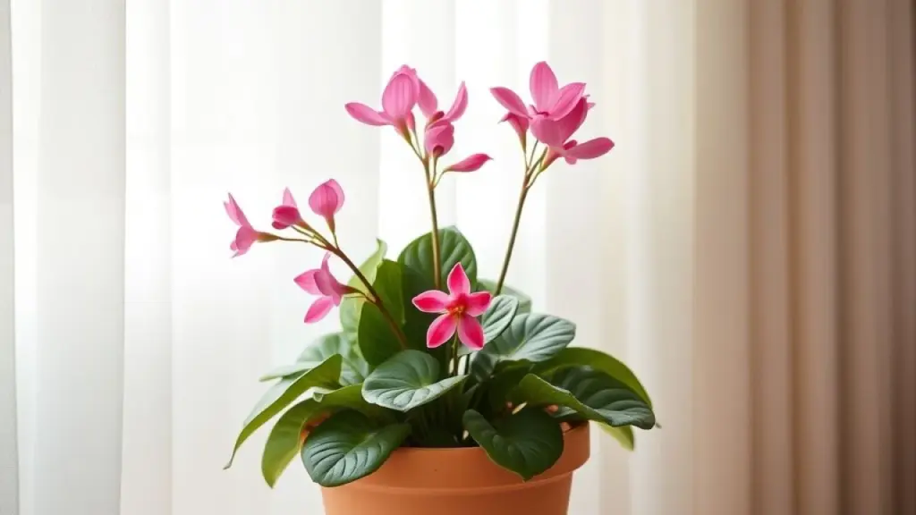 Ciclâmen rosa vibrante em vaso de cerâmica, luz suave.