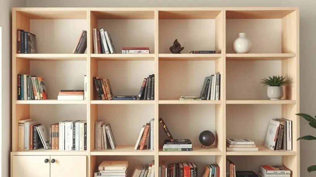 Estante organizada com espaços vazios, conceito 'menos é mais'.