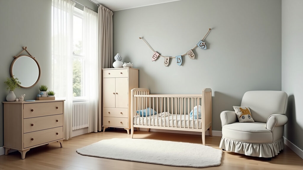 Quarto de bebê menino decorado com cores suaves e berço confortável.