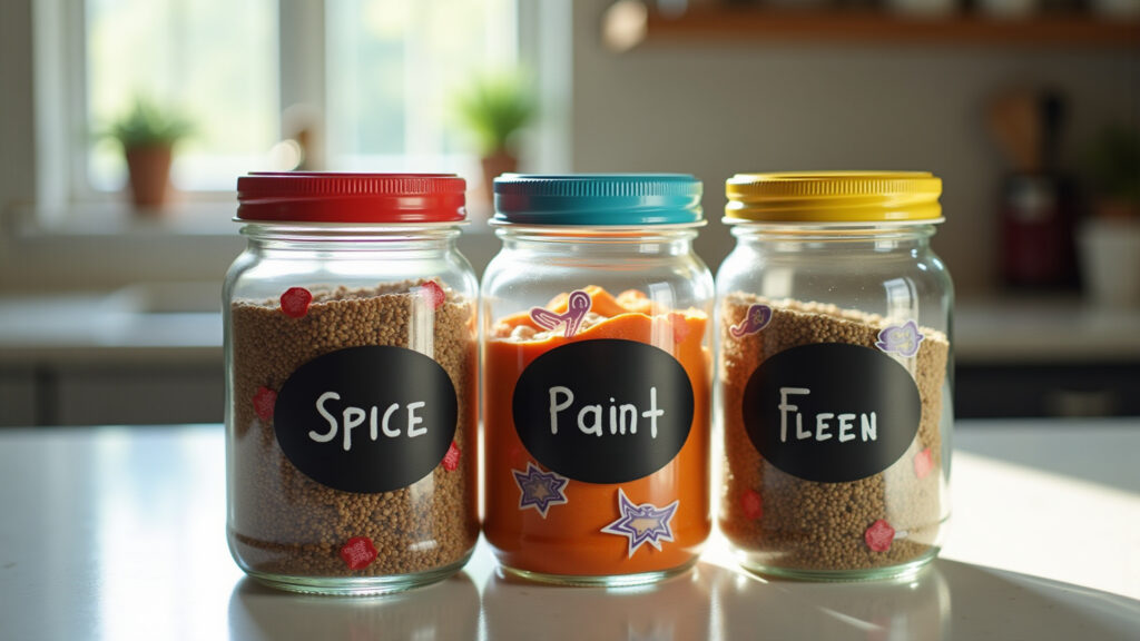 Potes de tempero decorados com tinta lousa e fitas coloridas.
