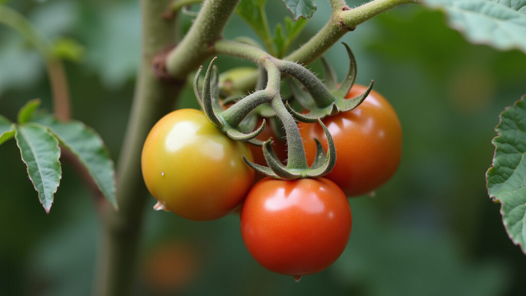 Tomateiro com frutos deformados pela ferrugem.