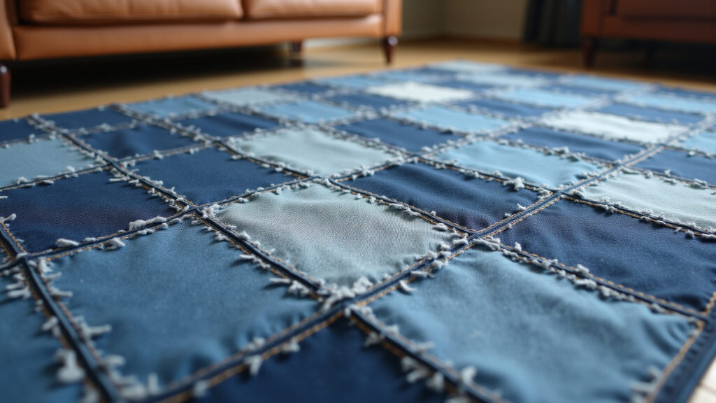 Denim patchwork rug. Durable, natural light, Farm Rio style, repurposed jeans, professional Tapete de retalhos jeans, durabilidade e estilo despojado.