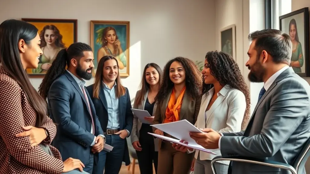 Grupo diverso de brasileiros consultando advogado imobiliário em escritório moderno.