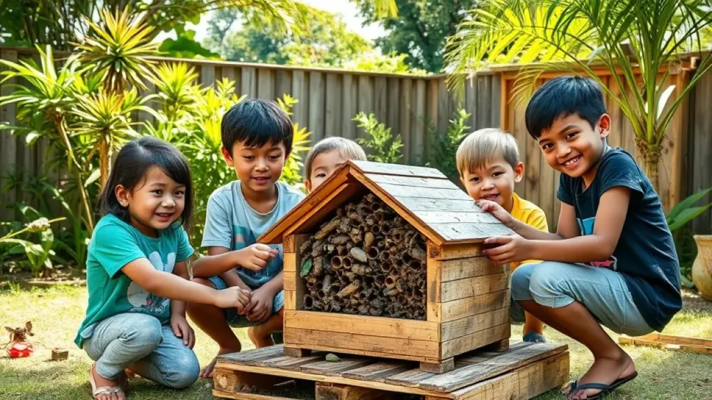 Crianças construindo hotel para insetos com materiais reciclados em quintal brasileiro.