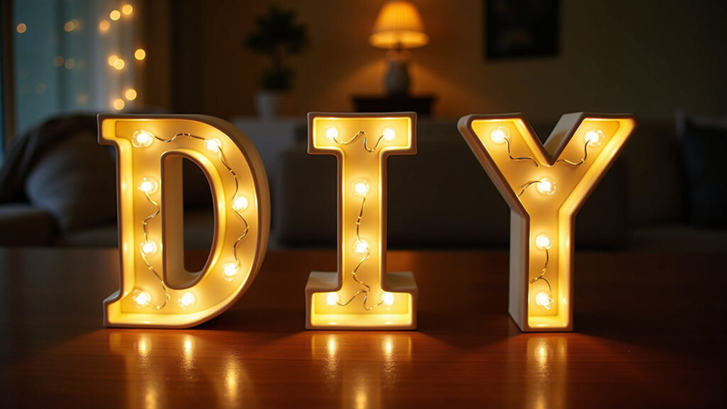 DIY luminous sign with fairy lights, wire letters, warm lighting, cozy room, Brazilian interior Letreiro luminoso DIY com pisca-pisca em quarto aconchegante.