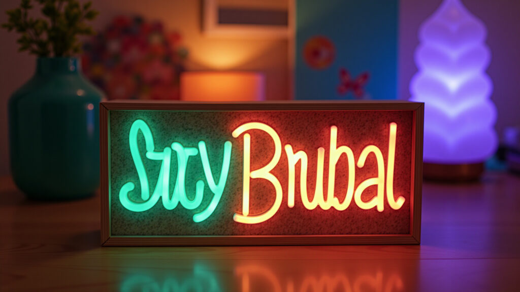 DIY luminous sign with shoebox, LED lights, vibrant colors, Brazilian decor, professional Letreiro luminoso DIY feito com caixa de sapato e luzes LED.