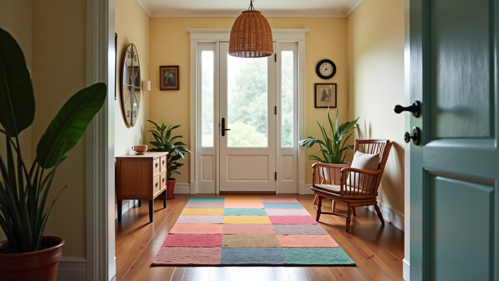DIY patchwork rug entrance. Cozy home decor, natural light, Farm Rio style, vibrant colors, Tapete de retalhos DIY na porta de entrada, cores vibrantes.