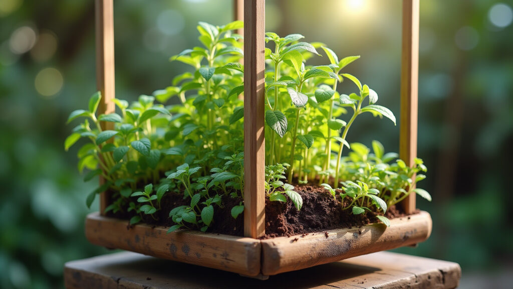 DIY vertical herb garden structure made from recycled materials, natural light, 8K, sharp focus, Estrutura de jardim vertical feita com materiais reciclados.