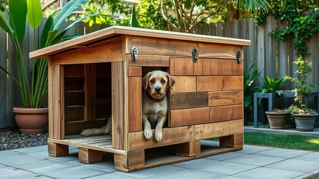Casinha de cachorro feita de pallets reciclados, visual rústico. Sustentabilidade e reaproveitamento.