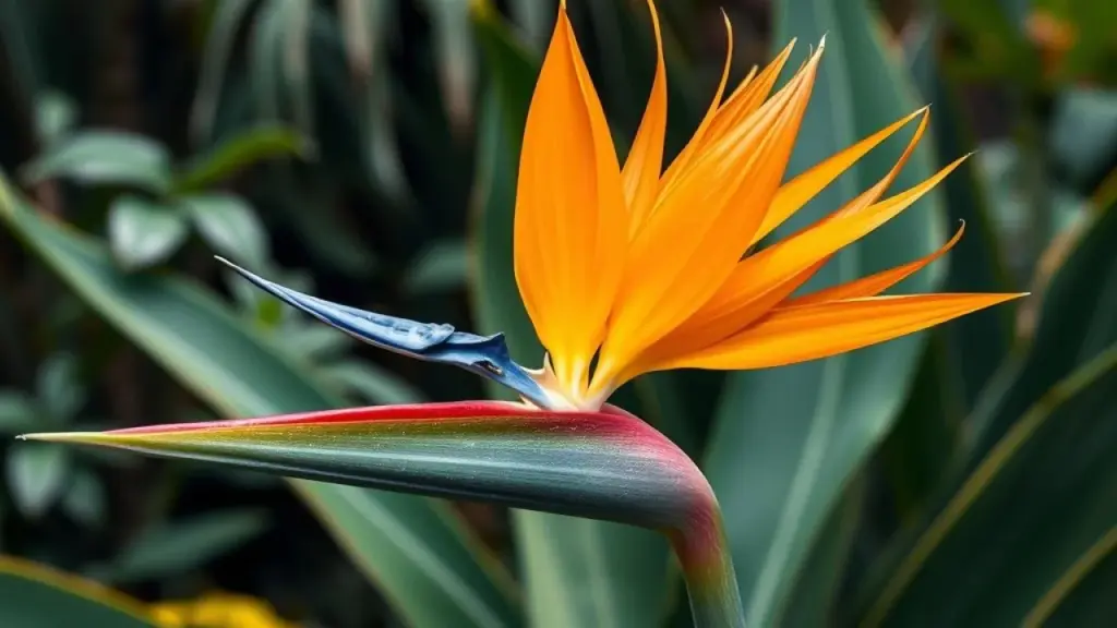 Flor Estrelítzia, a Ave-do-Paraíso, com pétalas vibrantes em jardim brasileiro.