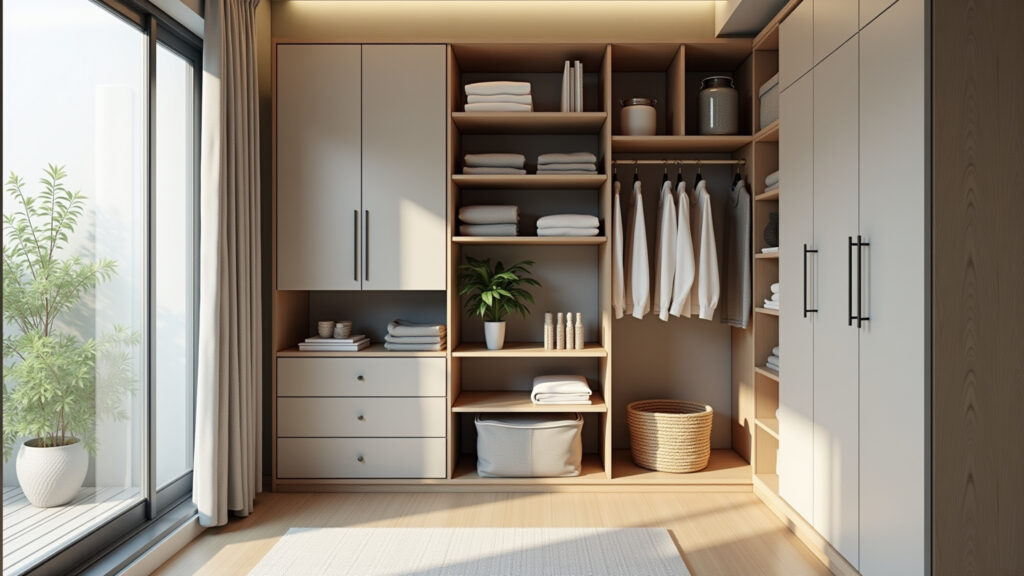 Functional closet, good lighting, plants, decorative objects, pleasant space, bright, natural Maleiro funcional e agradável.