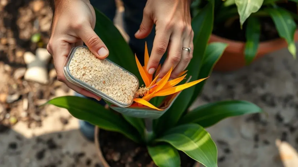 Adubação orgânica da Estrelítzia com farinha de osso para floração exuberante.