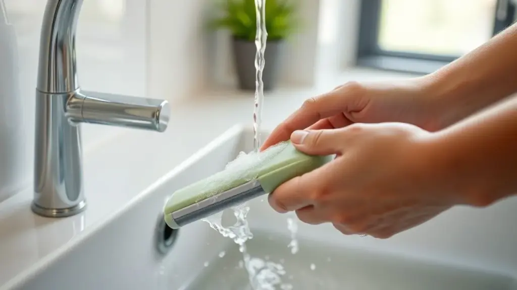 Hand washing a silicone kitchen squeegee under running water with neutral soap in a modern Lavando rodo de pia de silicone com água e sabão neutro na cozinha.