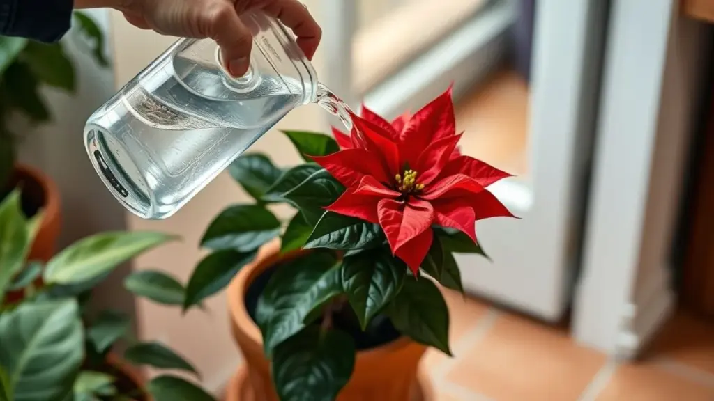 Hand watering a poinsettia in a terracotta pot, close-up shot, soft natural light, demonstrating Mão regando bico-de-papagaio em vaso de cerâmica, mostrando a técnica correta.