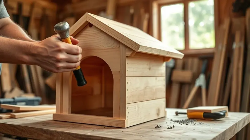 Mãos construindo casinha de cachorro de madeira, usando martelo e pregos. DIY. Artesanato brasileiro.