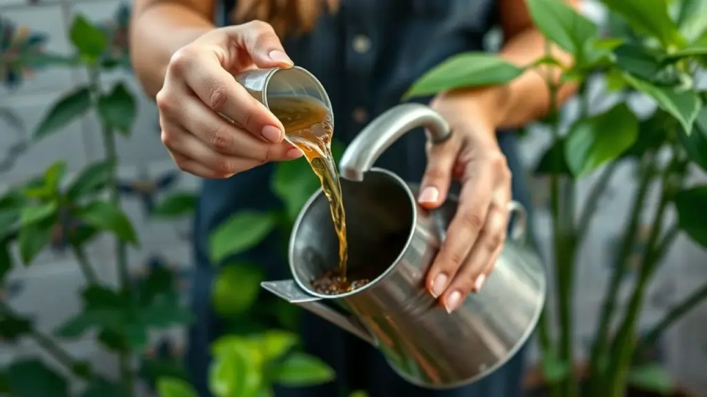 Mulher diluindo chorume para usar como fertilizante em plantas.