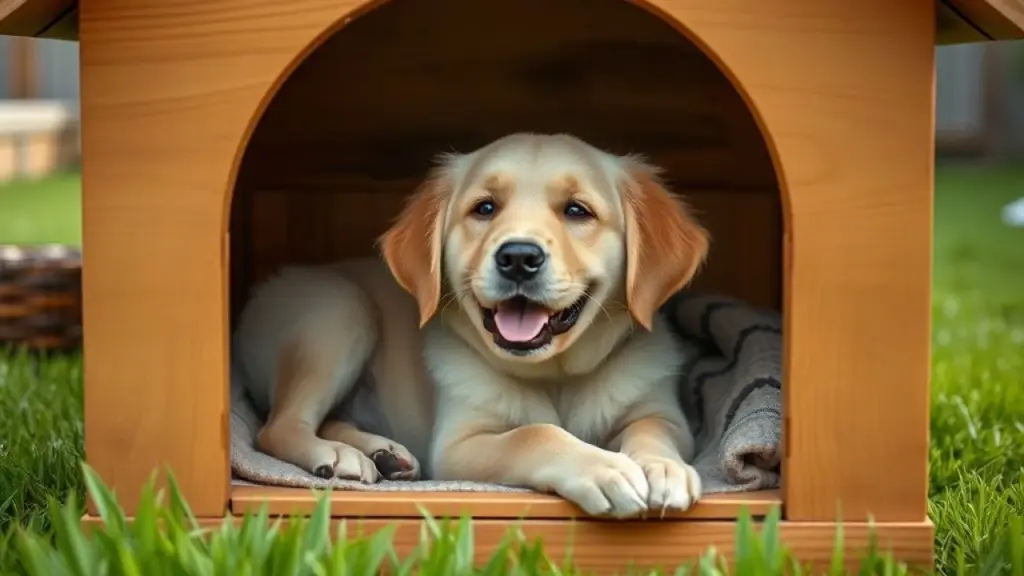 Filhote Golden Retriever relaxando em casinha de madeira artesanal, gramado verde. Conforto e segurança para o pet.