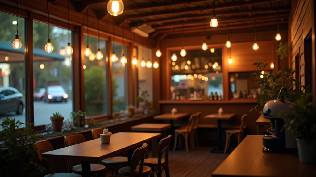 Illuminated coffee corner, pendant lights, light spots, string lights, cozy atmosphere, natural Cantinho do café iluminado com luminárias pendentes e luzes aconchegantes.