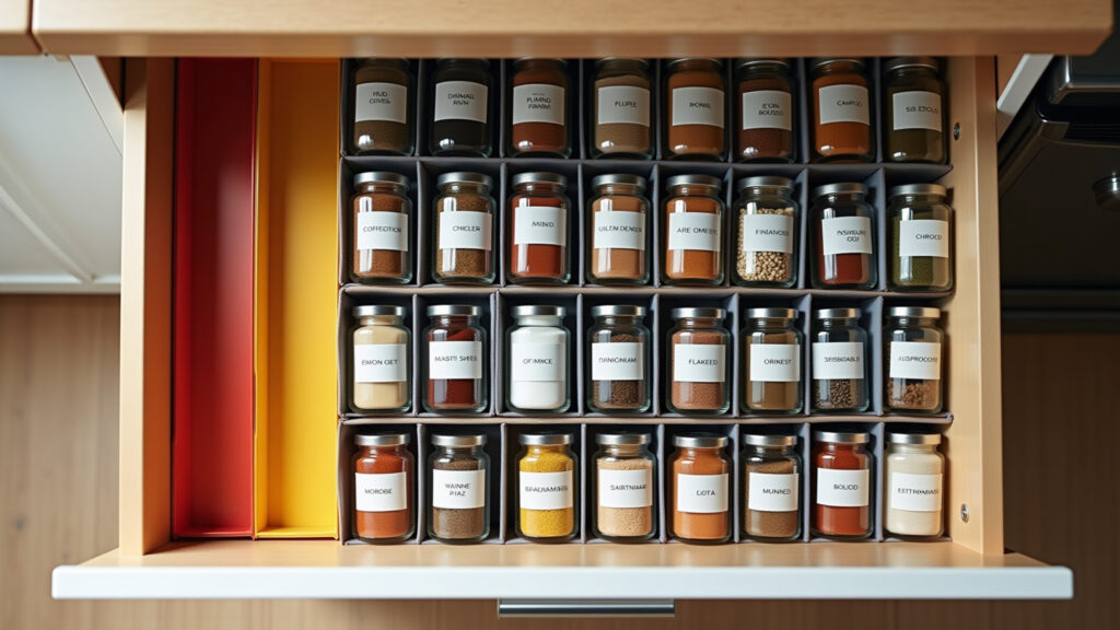 Gaveta organizada com potes de tempero identificados.