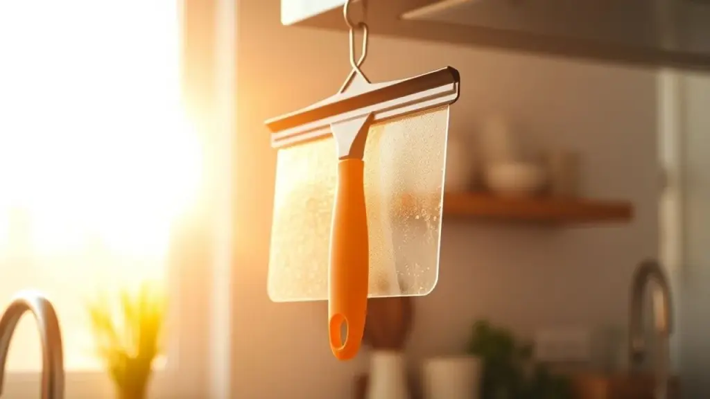 Kitchen squeegee hanging on a hook in a well-ventilated Brazilian kitchen, with sunlight streaming Rodo de pia pendurado para secar em local arejado, evitando mofo.