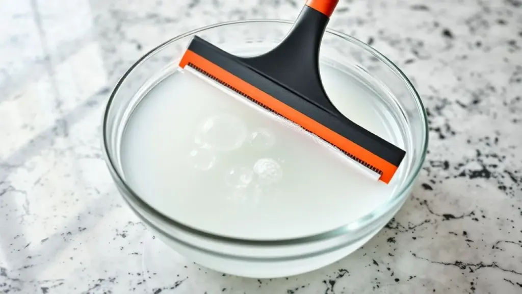 Kitchen squeegee submerged in a clear glass bowl filled with a water and white vinegar solution on Rodo de pia imerso em solução de água e vinagre branco para desinfecção.
