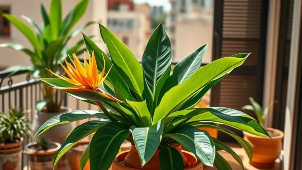 Estrelítzia em vaso grande de cerâmica, florescendo em varanda ensolarada no Brasil.
