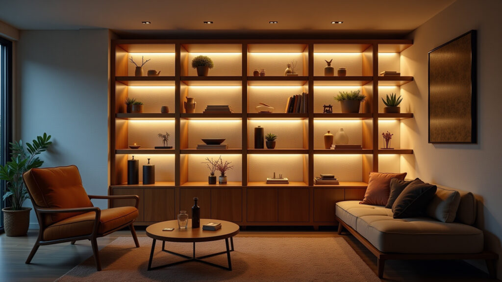 Rack com iluminação embutida destacando a decoração.