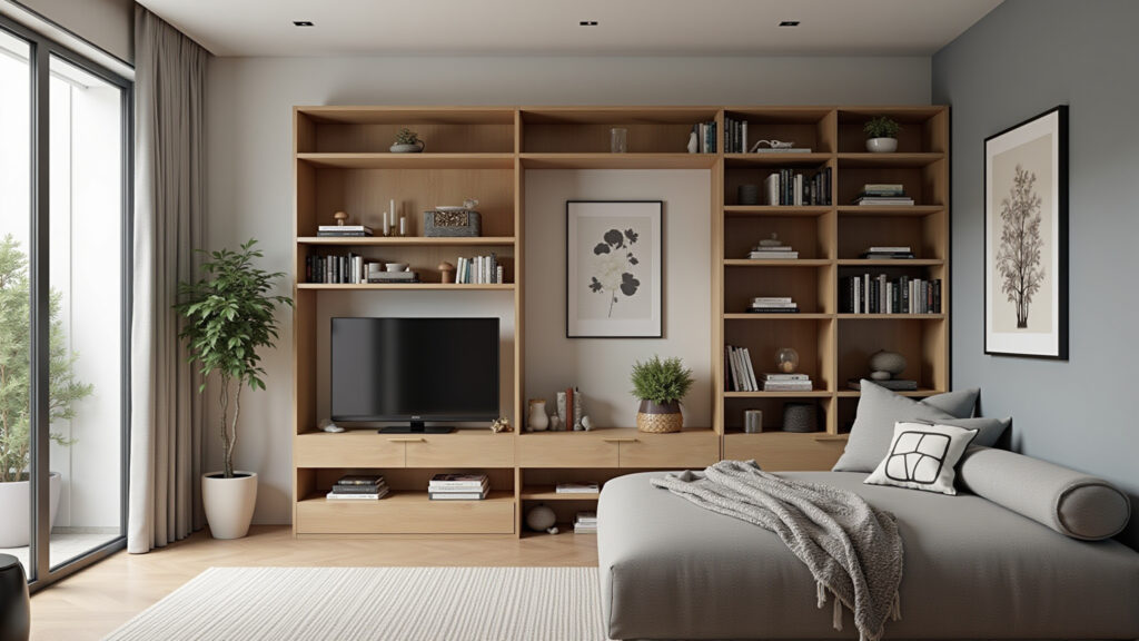 Rack com nichos e prateleiras para organizar a sala.