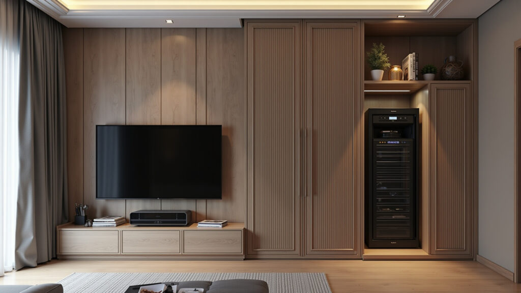 Rack com portas de correr otimizando espaço na sala.