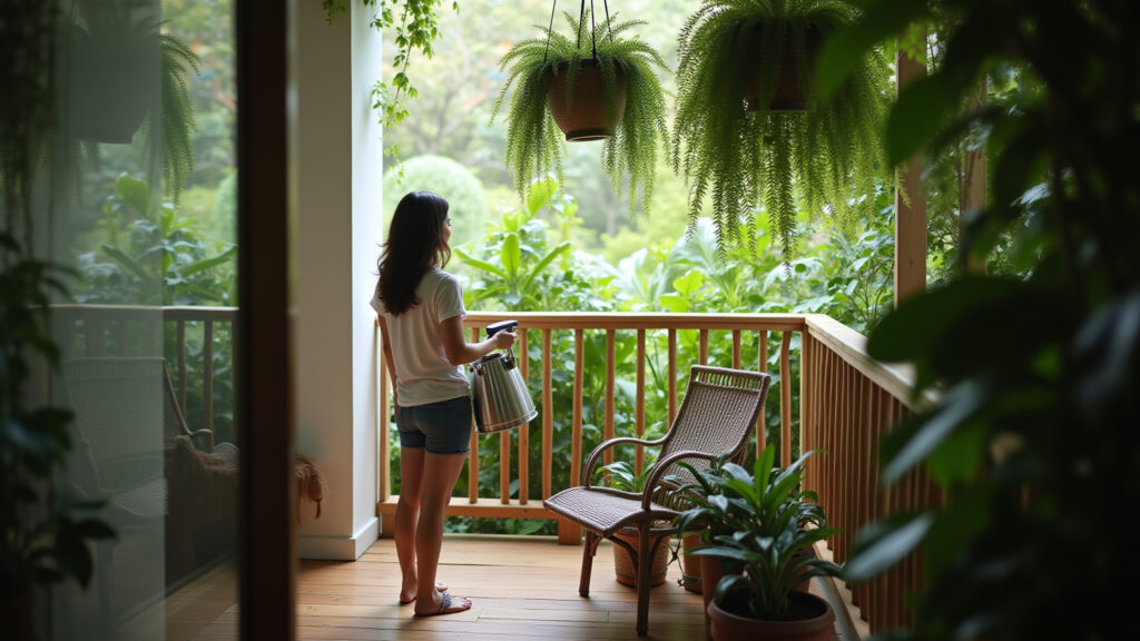 Lush balcony with hanging ferns, natural lighting, Brazilian design, lifestyle photography, 8K Varanda decorada com samambaias pendentes exuberantes.