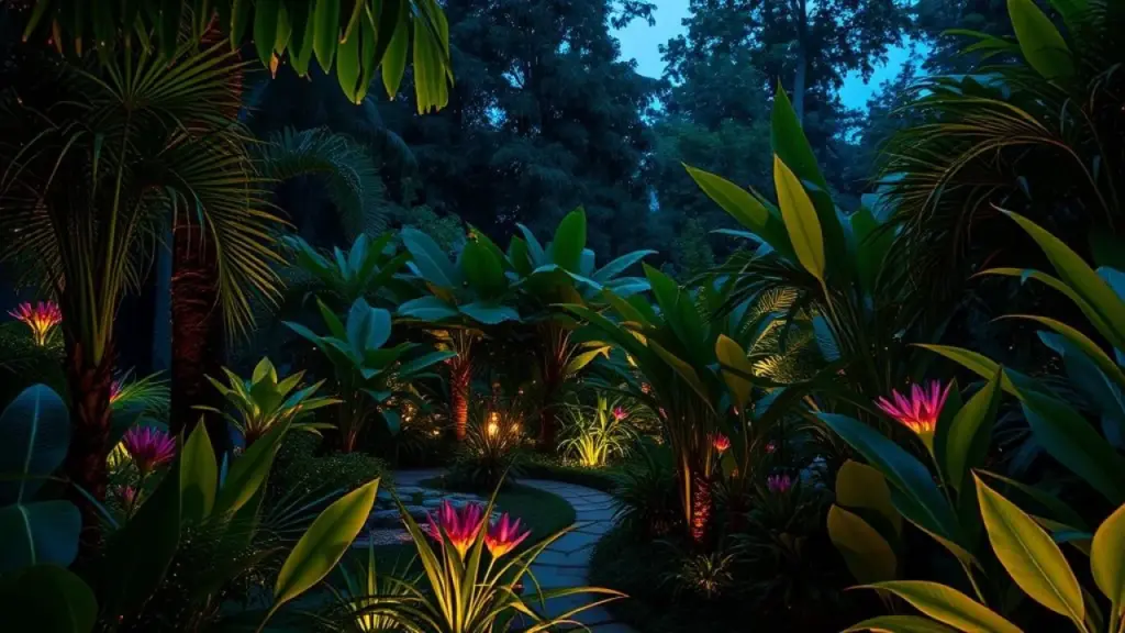 Jardim noturno brasileiro com vaga-lumes, iluminação suave e plantas exuberantes. Refúgio de paz sob as estrelas.
